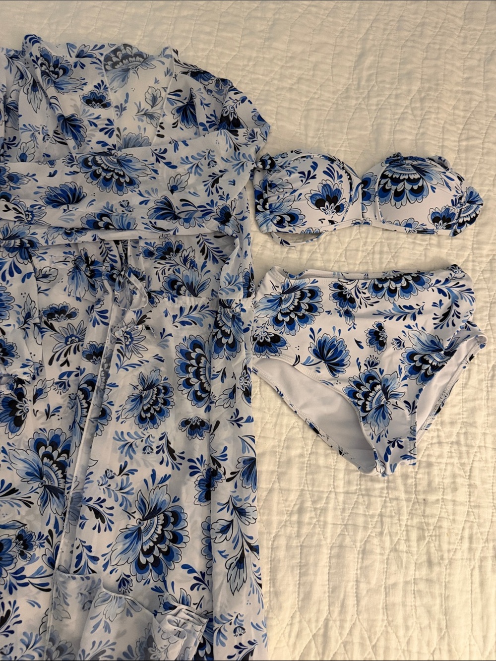 Resort 3 Pc  Blue & White Floral Bikini Set with Cover-Up